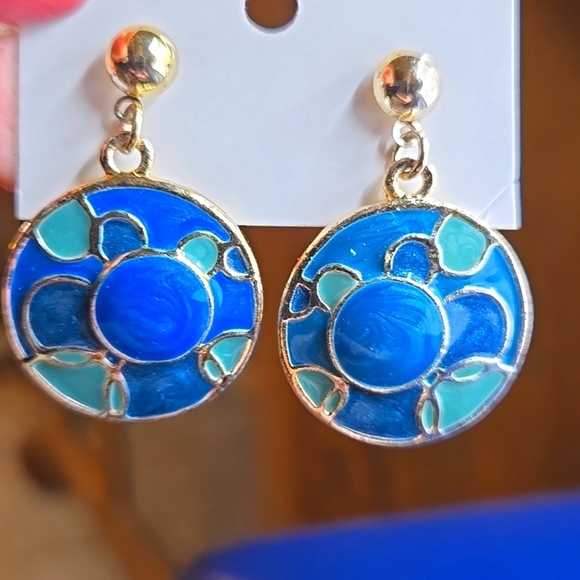 Elegant Blue and Gold Enamel  Earrings vintage style - Picture 10 of 14